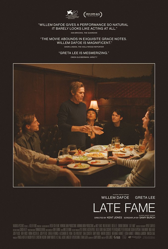Late Fame official movie poster starring Willem Dafoe and Greta Lee